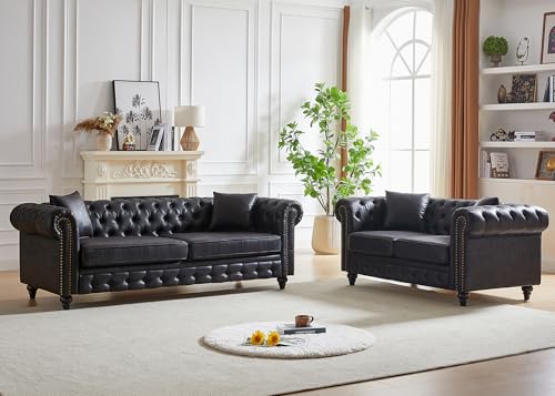 Image of 2 Piece Living Room Sofa Set,Faux Leather Button Tufted Couch and Loveseat Set with Nailhead Trim&Roll Armrests,Mid Century Modern Chesterfield Sofa for Living Room,Office(Loveseat+3 Seater,Black)