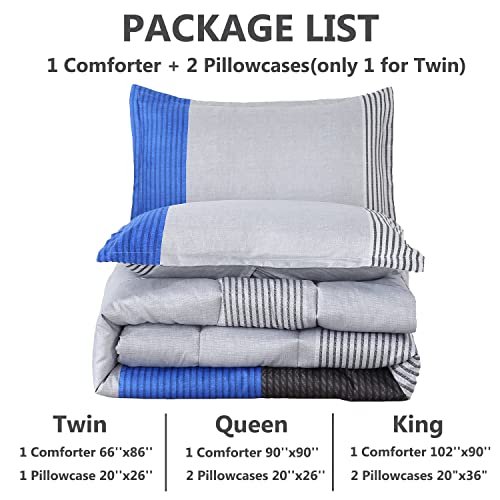 Perfemet Blue Striped Comforter Set Queen Size, 3Pcs Blue And Grey Patchwork Comforter Bedding Set, Soft Lightweight Down Alternative Bed Quilt Set For Teens Boys Girls Men Women (Blue, Queen) #TOP6