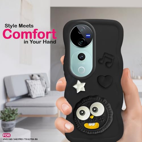 Image of AESTMO Back Case Cover for Vivo V40 / V40 Pro / T3 Ultra 5G | 3D Cute Fun Cartoon Characters | Anti Slip Grip Cute Wave Curly Frame Shape | Full Body Protection Back Cover (Black)