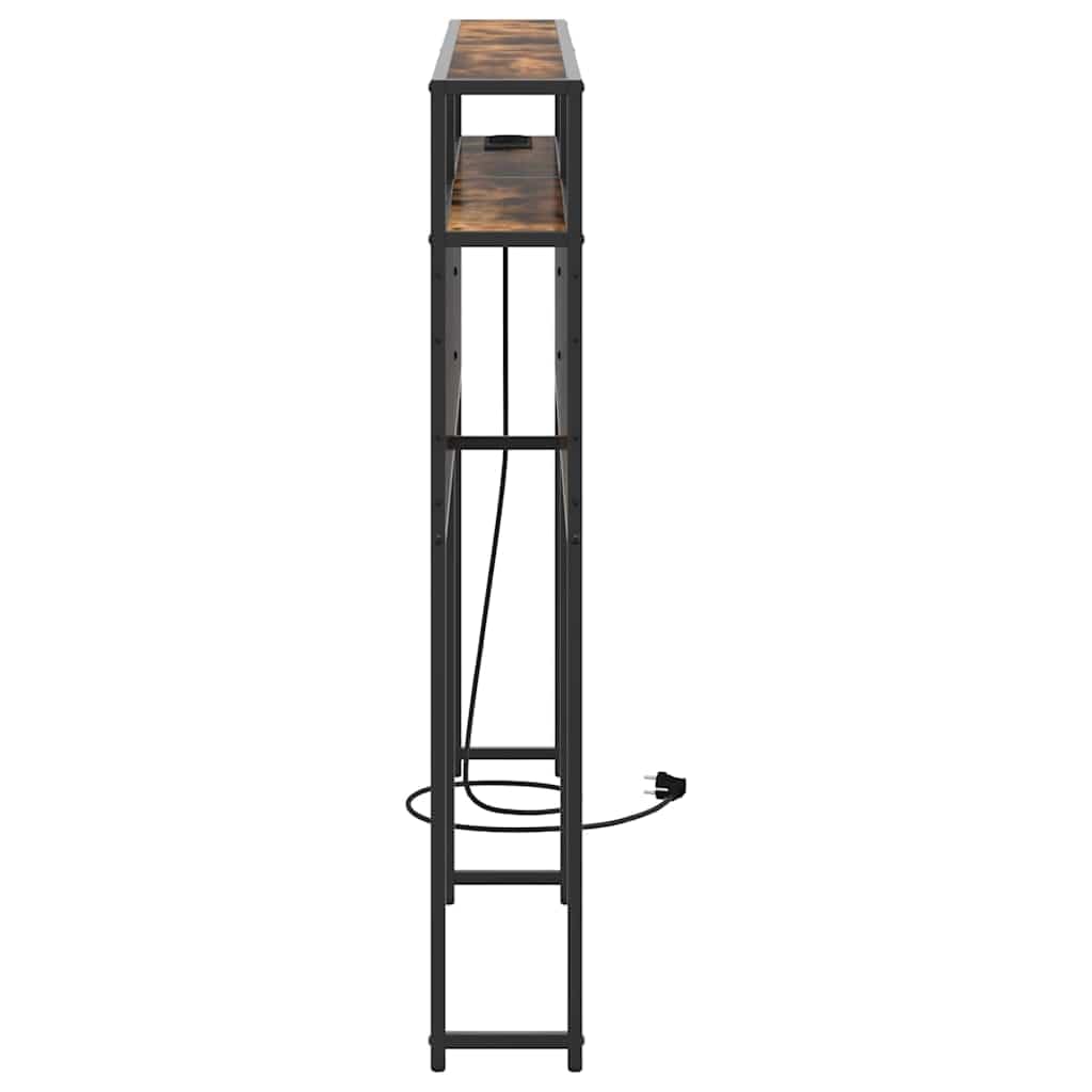Zagłówek z regałem, dąb wędzony, 120 cm, materiał drewnopochodny, nowoczesny zagłówek łóżka, pełny rozmiar, ze stacją ładującą, wytrzymała drewniana rama