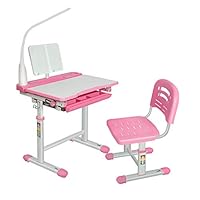 Diroan Kids Functional Desk and Chair Set, Height Adjustable Children School Study Desk with Tilt Desktop, Book Stand, LED Light, Metal Hook and Storage Drawer for Boys Girls