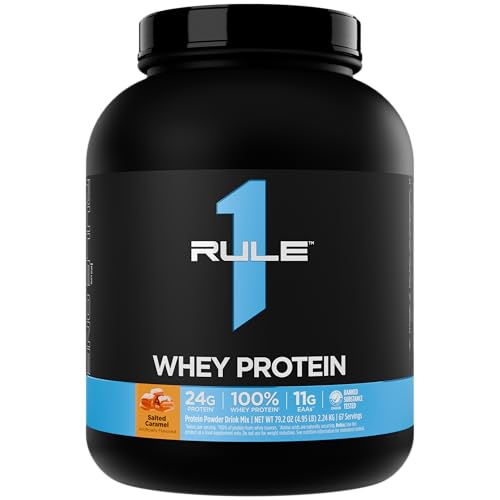 Rule 1 Whey Protein 24g Fast-Acting Protein from All-Whey Sources with Naturally Occurring EAAs & BCAAs for Workout Recovery or Anytime Use (5 Pounds* Salted Carmel)