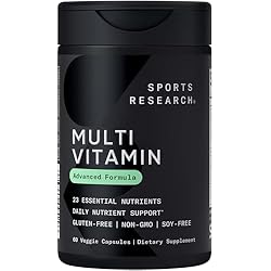 Sports Research® Multivitamin – Advanced Formula - 23 فيتامين ومعادن أساسية مع CoQ10 واليود - دعم غذائي يومي* - تم اختباره بدون كائنات معدلة وراثيًا وخالي من الغلوتين -60 كبسولة نباتية