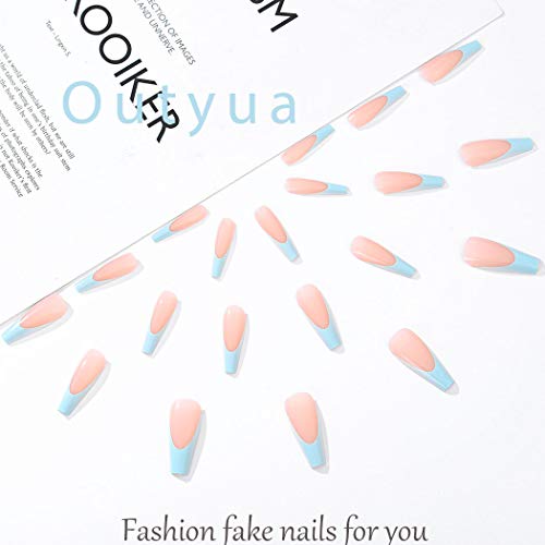Outyua French Extra Long Press on Nails Glossy Coffin Fake Nails V Shape Super Long False Nails Acrylic Ballerina Full Cover Nails 20Pcs for Woemen and Girls (Light Blue)