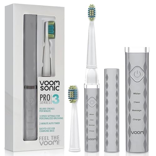 Image of Voom Sonic Pro 3 Rechargeable Electric Toothbrush With Soft Dupont Nylon Bristles Dentist Recommended Portable Oral Care 2-Minute Timer 3 Adjustable Speeds Light Weight Design - Silver