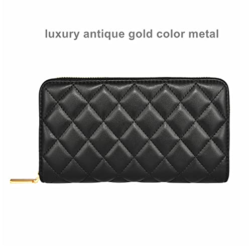 Luxury Real Leather Zip Around Travel Wallet | Large Capicity Card Holder Organizer | Classic Phone Clutch for Men Women (Black Quilted)4