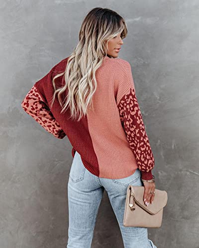Image of ANCAPELION Women's V Neck Sweater Pullover Leopard Long Sleeve Basic Color Block Jumper Casual Knitted Tops