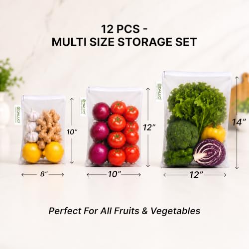 Image of DALUCI Vegetable Bags for Fridge Set of 12 Reusable Fridge Storage Bags for Vegetables and Fruits with Zipper Dual Layer Mesh Vegetable Storage Bags Multi Size Refrigerator Organizer Bags (White)