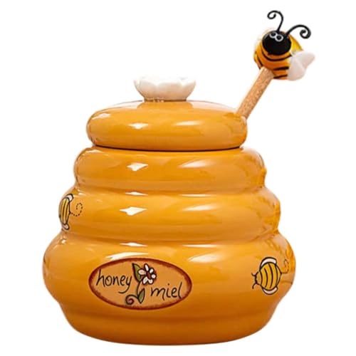 Luxshiny Ceramic Honey Pot with Lid and Dipper Yellow Bee Design 140ml Honey Storage Container Decorative Honey Syrup Dispenser Jar with Wooden Stirring Rod