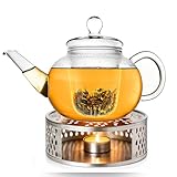 Creano Tetera de cristal de 1,2 l + un calentador de acero inoxidable – Tetera de cristal con colador de cristal y tapa – ideal para preparar té suelto – 100% sin goteo