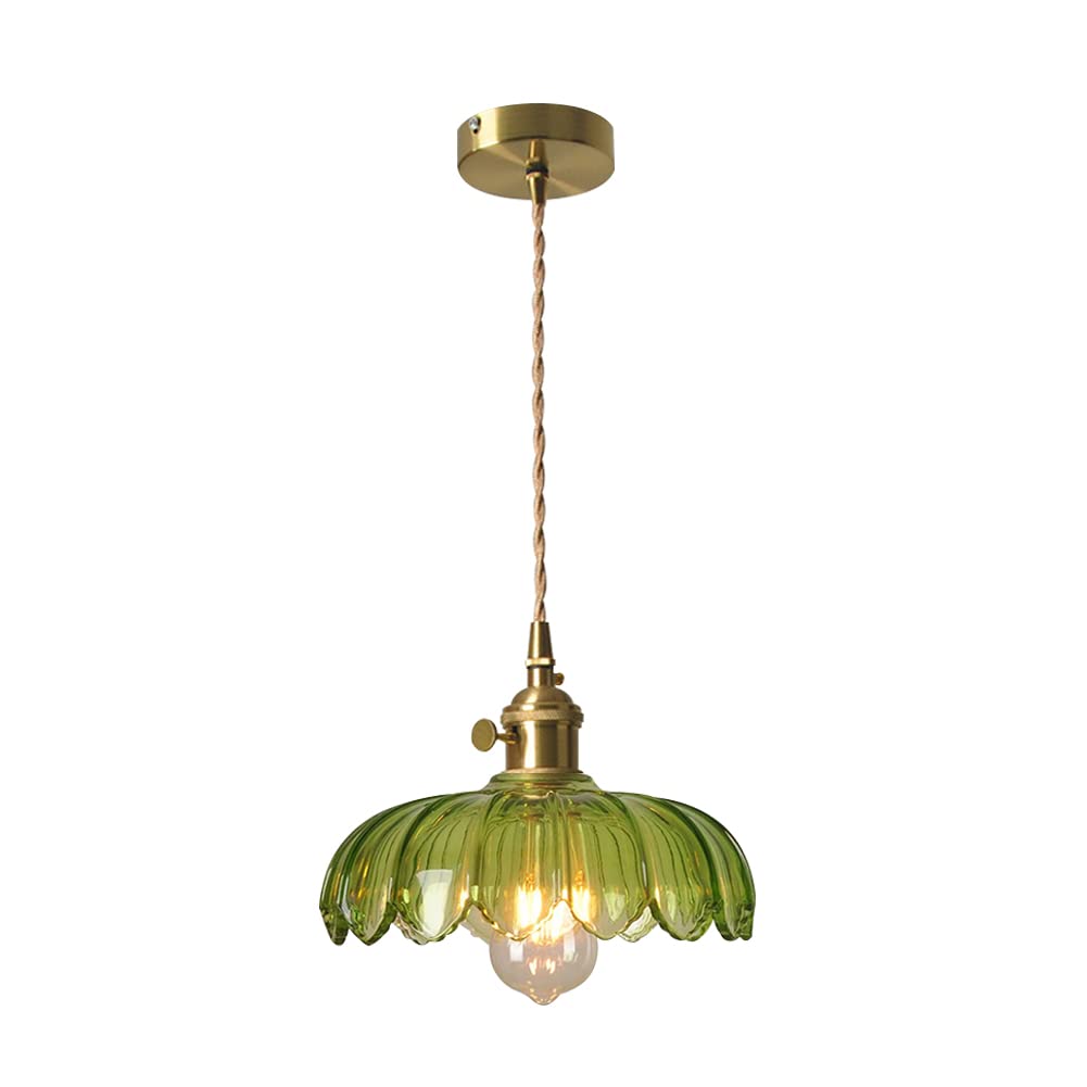 SAVALE Retro Glass Flower Pendant Light Mid-Century Modern Lotus Pendant Lighting Fixture Vintage Glass Copper Ceiling Hanging Light for Bedroom Dining Room Kitchen Island (25CM/9.8",C)