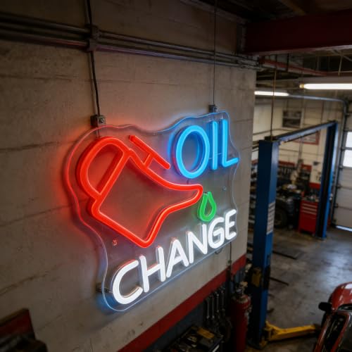 Image of Oil Change Neon Sign, Dimmable LED Neon Light Sign for Wall Decor, Mechanic Themed Neon Wall Light for Garage, Auto Shop, Man Cave, Bar, Bedroom, Game Room, Gift for Car Lovers Mechanics (OIL CHANGE)
