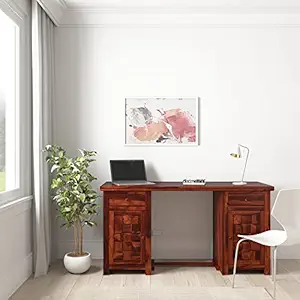 Amazon Brand - Solimo Fossan Computer Table with 2 Drawers, 2 Storage Cabinets (Solid Sheesham Wood, Honey Finish)