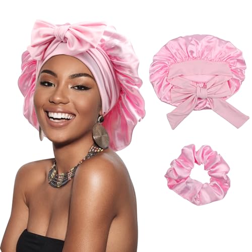 DRESHOW Satin Braid Bonnet for Women Silk Bonnet for Sleeping Sleep Cap with Elastic Tie Band Night Cap for Long Curly Hair Locs