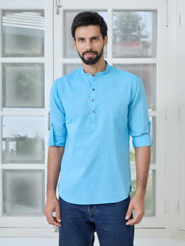 Image of See Designs Men's Roll-Up Sleeve Mandarin Collar Deluxe Cotton Solid Short Kurta (Pack of 2) - Festive Collection