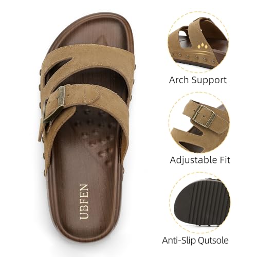 Image of UBFEN Womens Platform Slide Sandals | Real Leather,Buckle Sandals with Cushioned Flatform Footbed,Comfortable for Walking,Arch Support,Casual Styling