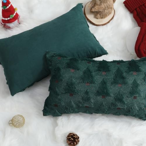 Image of Allorry Christmas Pillow Covers 12x20 inch Set of 2 Christmas Decorations Soft Plush Faux Fur Wool Green Christmas Tree Throw Pillow Cases Winter Holiday Decor for Sofa Living Room PT-002A12
