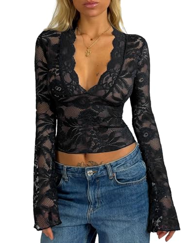 Women's Lace Long Sleeve Tops Deep V Neck Bell Sleeve Y2K Crop Going Out Top Sexy Sheer Slim Fitted T Shirt