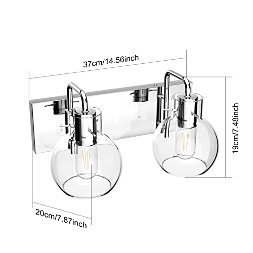 Image of Tipace Chrome Vintage Bathroom Vanity Light,2 Lights Modern Stainless Steel with Globe Clear Glass Bathroom Light Fixtures Industrial Wall Mount Lighting Sconce(Exclude Bulb)