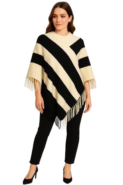 Women Striped Woollen Poncho with Fringe Trim, Winter Wear-image-11