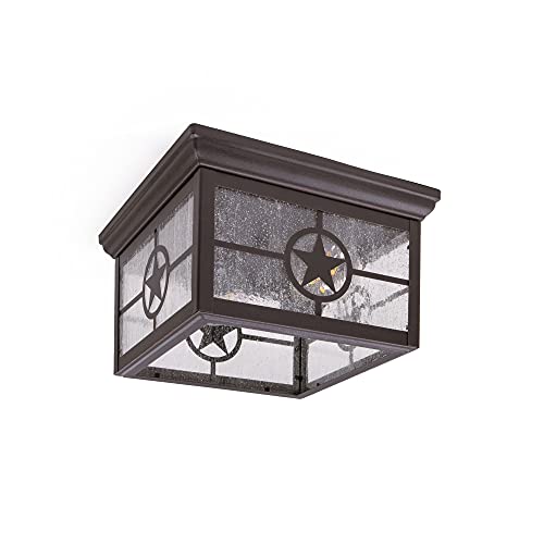 Coramdeo Country Star Square 2 Light Ceiling Mount Farmhouse Fixture, Indoor Or Outdoor, Two Standard Sockets, Open Bottom, Damp Location, Rust Finish With Seedy Glass #TOP14