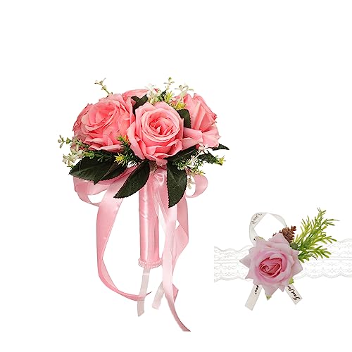 XIZHI Ramos de Boda para Novia con Rosas para muñeca, Ramo de Flores Artificiales para Dama de Honor, Cinta de Seda sintética para Boda, día de San Valentín, Fiesta, decoración de graduación (Rosa)