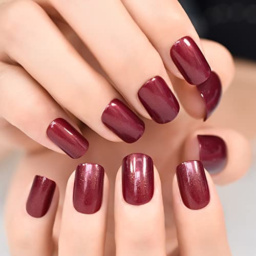 Coolnail Wine Red W/ Shimmer Giltter Press On False Nails Medium Squoval Manicure Reusable Finish Full Cover Fingernails Fake Acrylic Nail Art Tips #TOP1