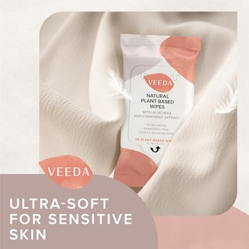 Image of Veeda Plant-Based Feminine Wipes - pH-Balanced, Hypoallergenic & Biodegradable Wipes for Sensitive Skin, Fragrance-Free Travel Sized Wipes - 120 Count (Pack of 4)
