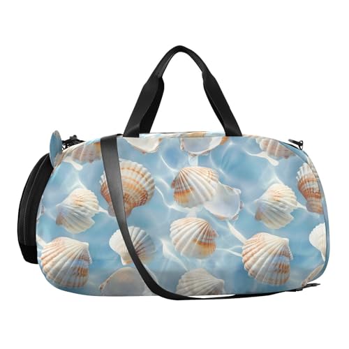 Duffle Bag for Boys or Girls with Shoes Compartment, White Seashells Blue Water Sports Travel Bag Overnight2