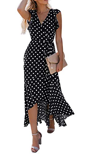 GRECERELLE Women's Summer Floral Print Cross V Neck Dress Bohemian Flowy Long Maxi Dresses PD-Black-M