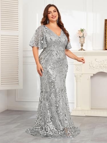 Image of Plus Size Glamous Short Sleeves Womens Sequin Dress Formal Gowns Evening Glitter Mermaid Prom Dress