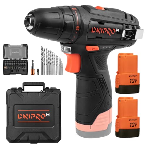 Dnipro-M Taladro Atornillador a Batería 12V, 30 Nm, 1300 rpm, 30 Nm. Con 2 Baterías 2Ah, Cargador Rápido, Puntas de Atornillar, Juego de Brocas para Metal y Maletín. CD-12CX Compact