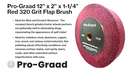 Image of 12 inch x 2 inch x 1-1 /4 inch Red Bench Grinder Polishing Wheel Flap Brush, 320 Grit, Tight Weave, Great for refurb of Golf Clubs and Metal, Non-Woven Wheel for Copper, Metal, Finishing, and Burnishing