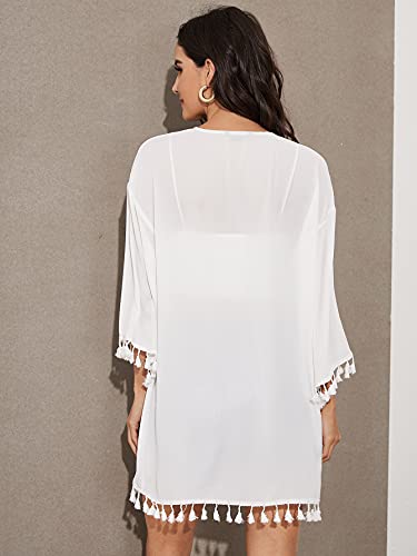 Floerns Women's Half Sleeve Open Front Geo Print Sheer Cardigan Kimono Coverup White Tassel Xl #TOP1