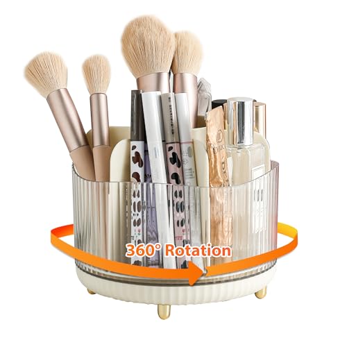 Veki 360°Rotating Makeup Brush Holder Organizer, Makeup Organiser for Dressing Table, Cosmetic Brush Holder for Bathroom and Vanity, Cosmetic Brushes Container Storage for Lipstick Eyeliner (Beige)