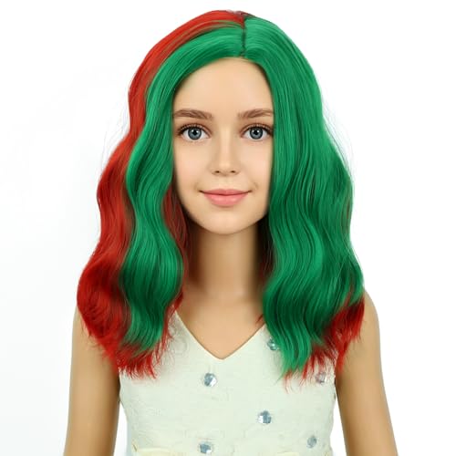 Image of PATTNIUM Red Green Wig for Kids Girls Short Red and Green Wigs Side Part Shoulder Length Wavy Heat Resistant Synthetic Wig