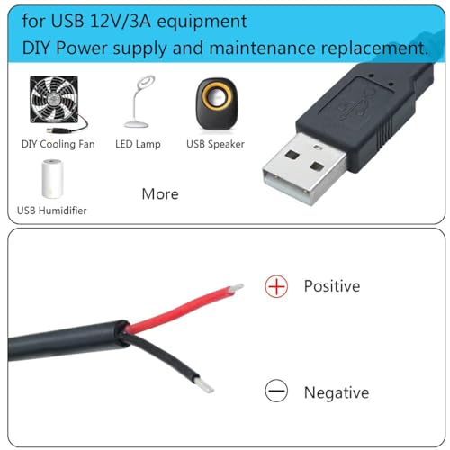 Greluma 3 Stück 2 m USB-Schweineschwanz, 2-adriges USB 2.0-Kabel, 22 AWG, offenes Ende mit blankem Draht, 2 m USB-Stecker, 12 V, 3 A
