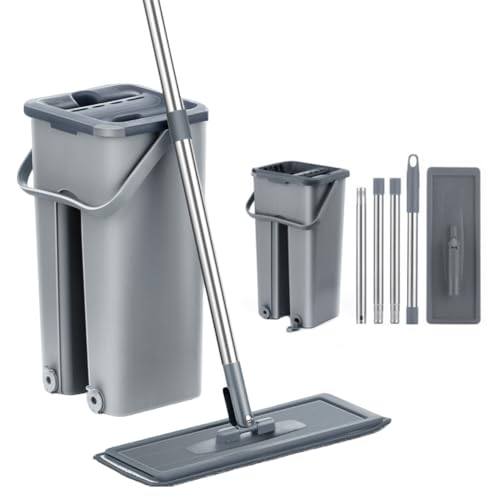 Fregona para Limpiar Azulejos y Paredes Fregona con Cubo escurridor Fregona autogirable Limpieza de Suelos Cepillo para fregona 6 Almohadillas de Microfibra Limpiador y Plumero Set Cubo para (Gris)