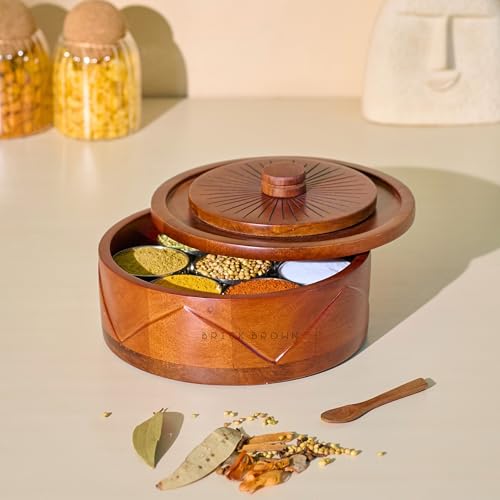 Image of Brick Brown Roule Wooden Masala Box with Lid | Hand-Carved Spice Box Organizer with 7 Stainless Steel Containers & Wooden Spoon | Solid Wood Masala Dani Spice Storage Box for Kitchen (8.3x4.3 Inch)