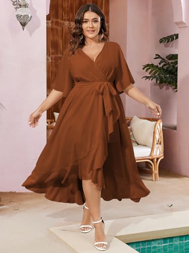 Image of SCOMCHIC SCOMHIC Plus Size Summer Dress Maxi Dress V Neck Wrap Belted Short Sleeve Dress Ruffle Flowy Cocktail Party Cocktail Dress Rust