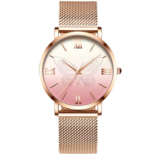 Montre quartz femme RORIOS montre analogique acier mesh inoxydable montre papillon chic