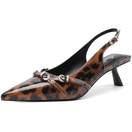 Image of Mostrin Kitten Heels for Women Pointed Toe Pumps Patent Leather Low Heel Slingback Heels with Buckle Dress Shoes for Dating Party Working