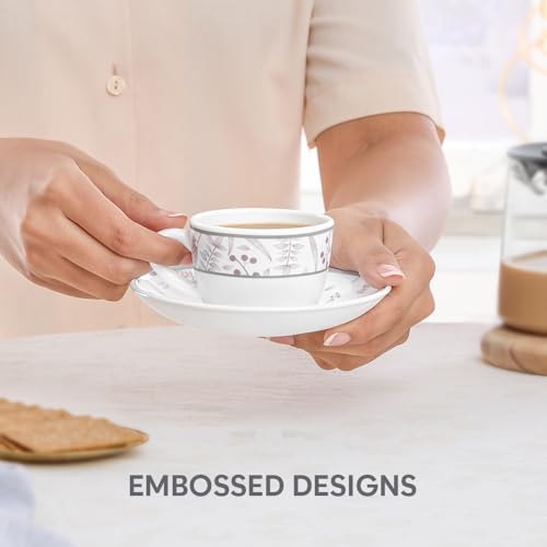 Image of Larah by BOROSIL 140ml Opalware Grandeur Tea /Coffee 6pc Cup & 6pc Saucer Set, Microwave & Dishwasher Safe Embossed Design Crockery Set Ideal for Daily Use & Gifting
