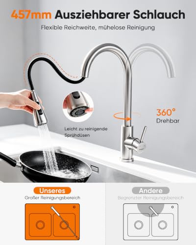 Ibergrif Kitchen Tap, Pull Out Sprayer Kitchen Mixer Tap, Brushed Nickel – Ansicht 4