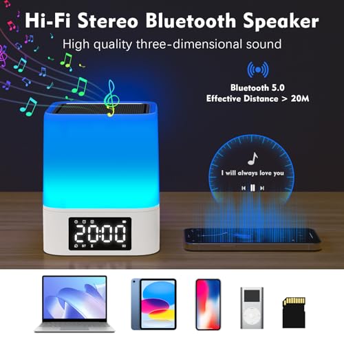 Night Light Bluetooth Speaker, Gifts for 10 11 12 13 14 15 Years Old Boys Teenager Girls, All-in-1 Dual Alarm Clock, Touch Sensor Bedside Lamp, 48 RGB Color Chang, MP3 Player, Wireless Speaker - Image 2