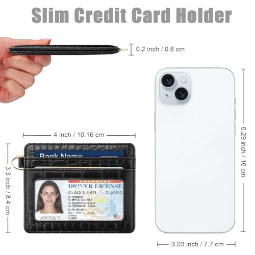Image of Slim Credit Card Holder Crocodile Wallet Women Thin Wallets | Alligator Print RFID Blocking Minimalist Lightweight Pocket Small Cute Cards Holders ID Window, Black Croc