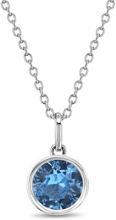 925 Sterling Silver Aqua Round Simulated Aquamarine Pendant Necklace For Preteens & Teenage Girls 16" - Glimmering Aqua CZ Necklace for Girls - Jewelry Gift For Teen Girls born in March