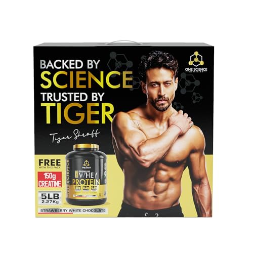 Image of One Science Nutrition Whey Protein Combo | 25g Protein /Scoop, BCAA, Glutamine | Lean Muscle Gain & Faster Recovery | Free 150g Creatine | Strawberry White Chocolate Flavour, 2.27 kg