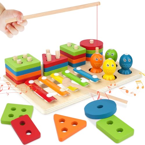 KEARLGMBH 3 en 1 Jouet Bebe 3 an Montessori | Jouet d'Activité et de Développement en Bois Couleurs Pastel | Jeu Montessori 3+ 4+ Ans, Jouets à empiler et de tri, Cadeau Bebe Enfant