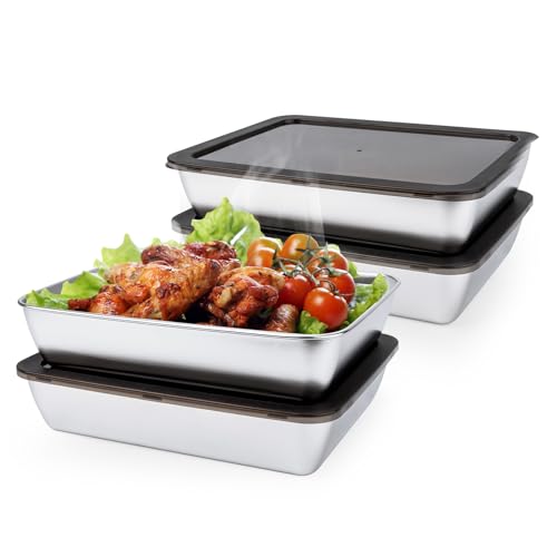 4 PCS Stainless Steel Food Storage Containers with lids,2.16 Inch Deep, 8x10 Inch Stainless Steel Oven plate, Metal Roasting Pan for Meal Prep、Meat, Rustproof & Heavy, Freezer & Dishwasher Safe